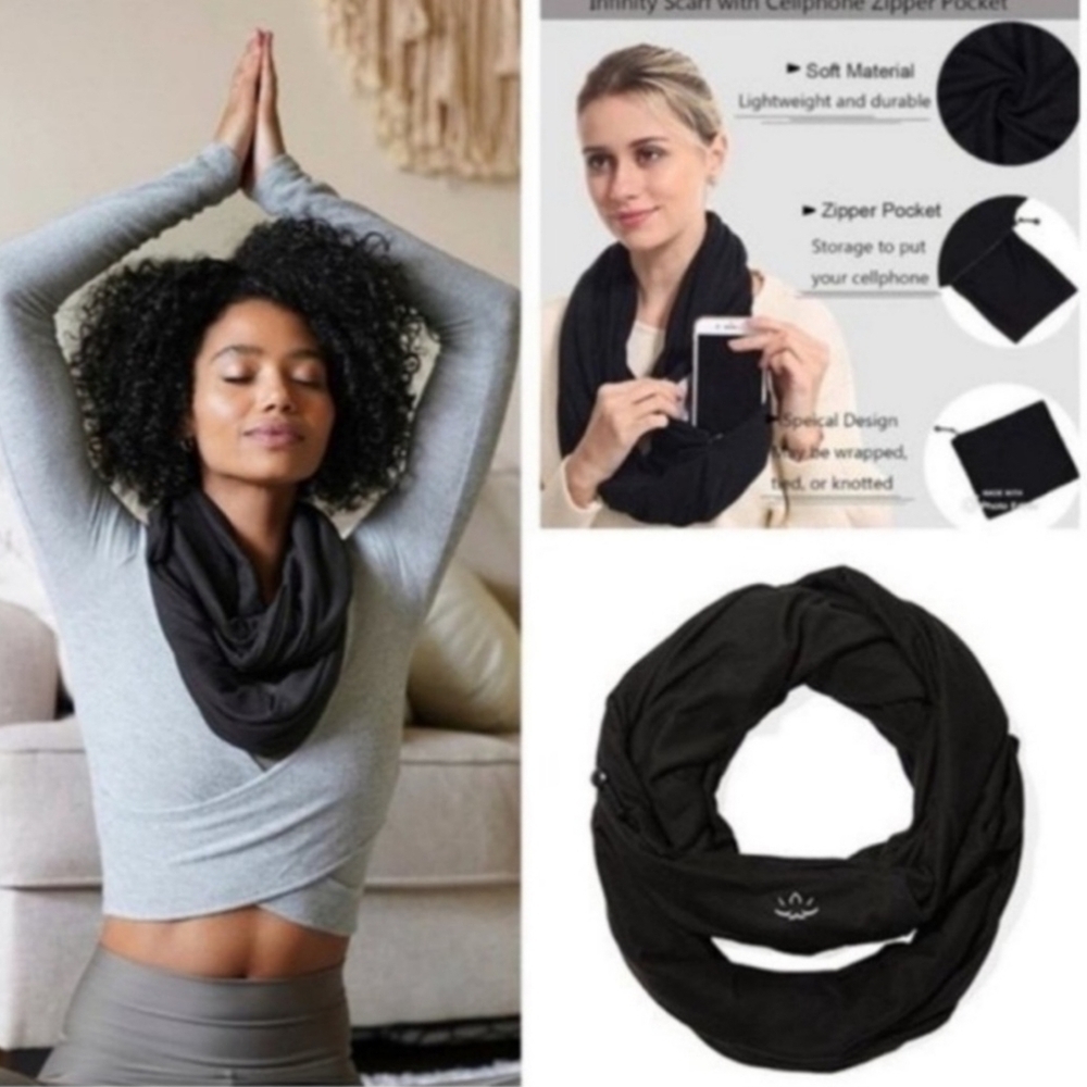 NWOT Beyond Yoga Infinity Scarf with Hidden Zipper Cellphone Pocket black OS